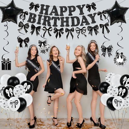Black Bow Birthday Party Decorations Set - Banner, Balloons & Cake Toppers