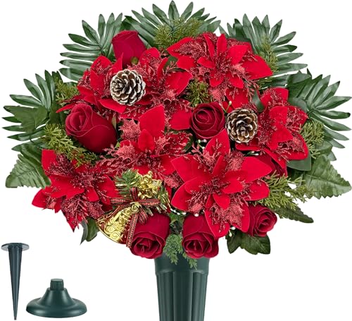 Artificial Cemetery Flower for Graves - Burgundy & Gold Christmas Tribute