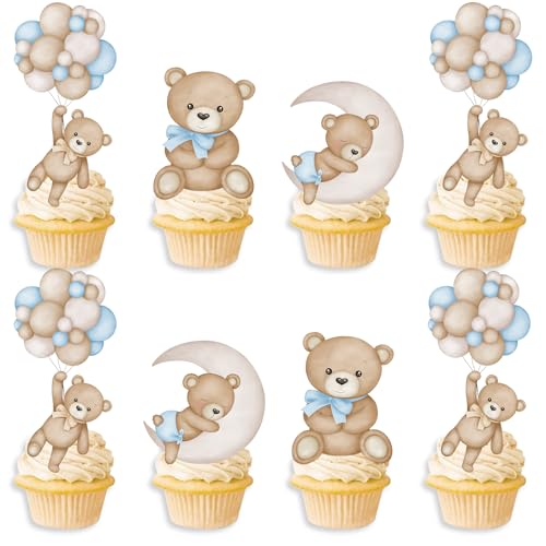 Blue Teddy Bear Cupcake Toppers - 48 Pcs Baby Shower Decorations