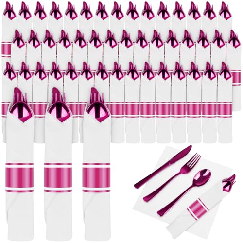 100 Pack Hot Pink Plastic Silverware Set with Wrapped Napkins - Pyntop