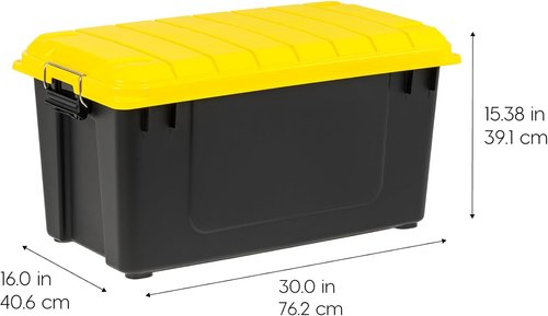IRIS USA WeatherPro 21 Gallon Lockable Storage Bins - Heavy Duty, Stackable Organizing Tubs | Black/Yellow, 4 Pack