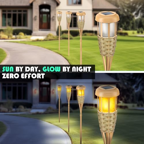 Solar Outdoor Flickering Flame Torch Lights - 4 Pack, Classic Yellow