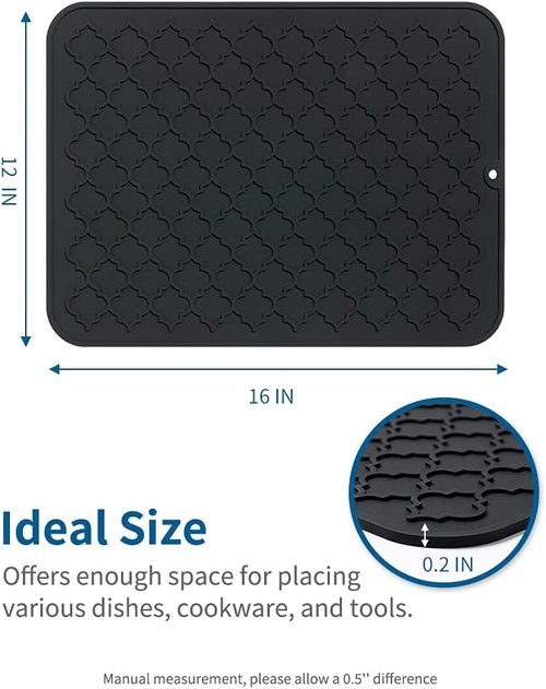 AMOAMI Dish Drying Mat - Heat Resistant Silicone Kitchen Pad | 12" x 16", Black