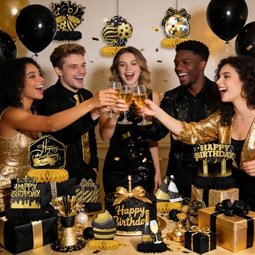 Black Birthday Decorations Set - Black and Gold Honeycomb Centerpieces