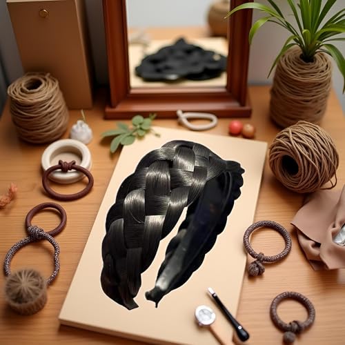 Mozff Black Brown Braided Headband Wig Wide-Brimmed Hair Hoop