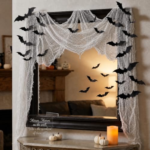 Sosation Halloween Mirror Decor Set with Spider Web and Bats