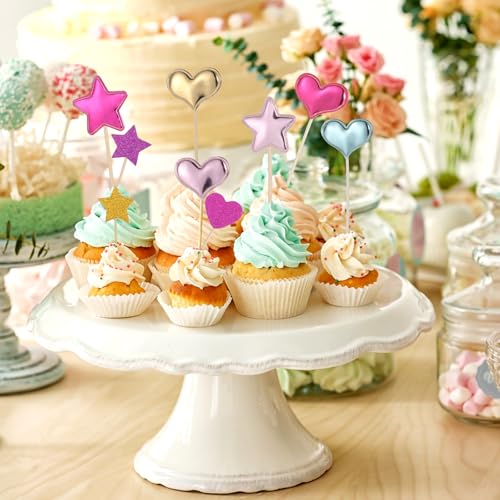 40 Pcs Colorful Heart and Star Cupcake Toppers for Parties