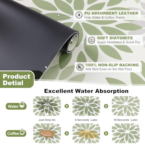 Findosom Floral Dish Drying Mat - 12" x 20" Ultra Absorbent Coffee Mat