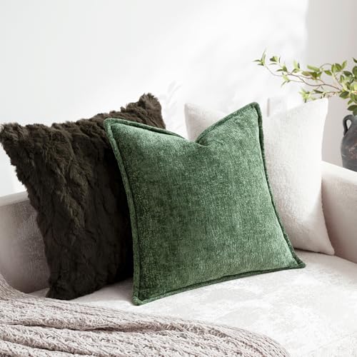 DEZENE Pack of 2 18x18 Forest Green Chenille Throw Pillow Covers for Couch & Bed