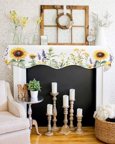 Spring Floral Fireplace Mantel Scarf, 70x17 Inch Watercolor Sunflower Runner