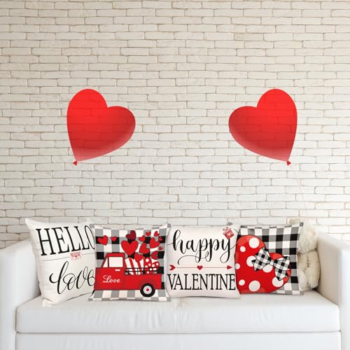 Geefuun 4-Piece Valentine’s Day Checked Throw Pillow Covers, 18x18 Inches