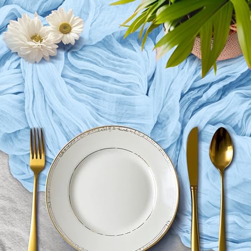 Light Blue Cheesecloth Table Runner - 10ft Boho Rustic Design