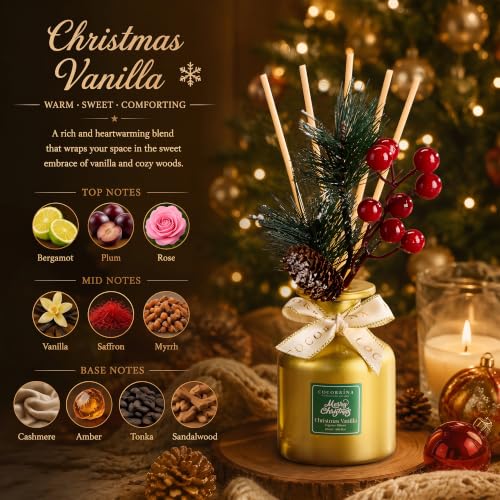 Christmas Vanilla Reed Diffuser Set - Home Fragrance with Gold Bottle & Holiday Decor