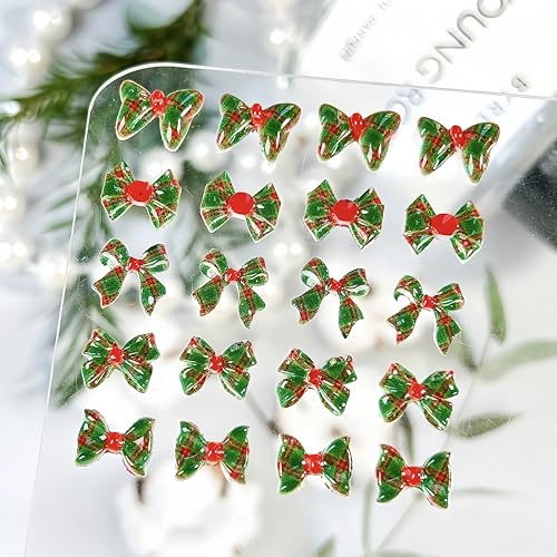 150Pcs Christmas Bow Nail Charms - 3D Resin Red and Green Lattice Bowknot Rhinestones for Winter Nail Art Designs