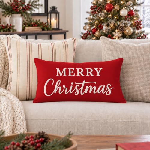PANDICORN Christmas Pillow Covers 12x20 Red Merry Holiday Home Decor Crimson Red