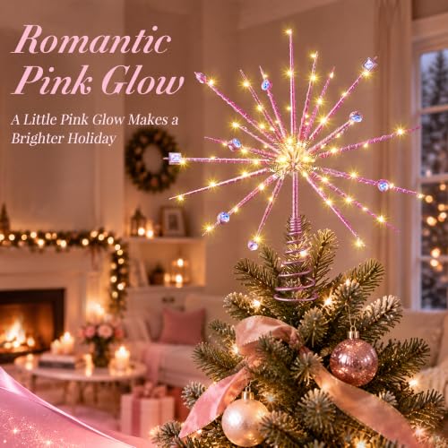 Pink Battery Operated Starburst Christmas Tree Topper Lighted - Mid Century Style