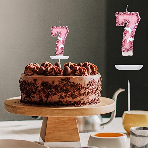 Pink Glitter Number 7 Birthday Candle with Butterfly and Sequins Cake Topper