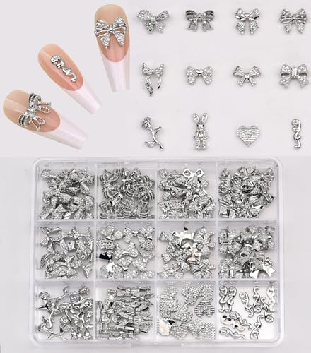 Black Metal Nail Charms 120pcs 3D Bow Rose Heart Nail Studs Y2K Alloy