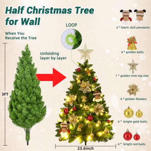 Dark Green 3FT Wall Christmas Tree Half Hanging with Lights & Ornaments - Pet Safe