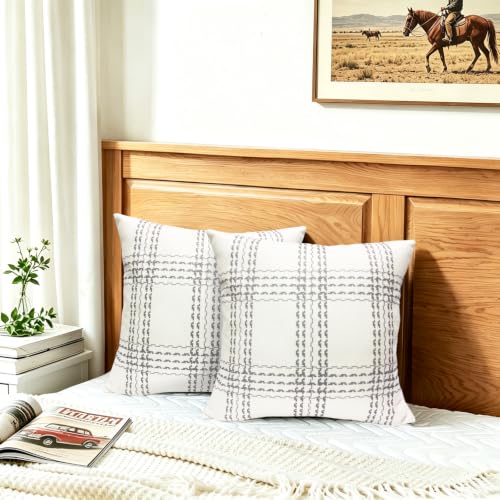 Light Gray Plaid Throw Pillow Covers 18x18 Inch Set of 2