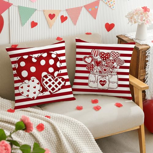 Valentine's Day Throw Pillow Covers Set of 4 - 18x18 Inch Red Love Heart Decor