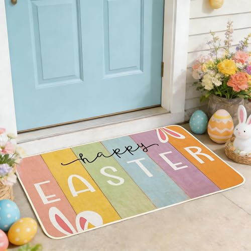 WIBUE Happy Easter Doormat with Rabbit Ears - 17" x 30" Indoor/Outdoor Mat