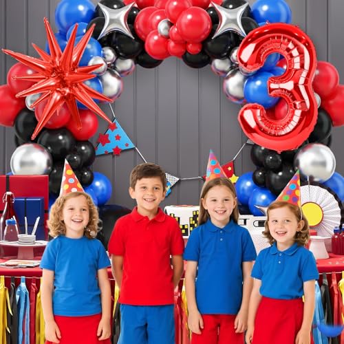 3rd Birthday Decorations Set for Boys - Blue, Black & Red Balloon Kit