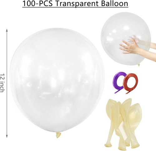Clear Latex Balloons 100 Pack - 12 Inch Transparent Helium Balloons with 2 Rolls of Ribbon | Perfect for Birthday, Wedding, Baby Shower Decorations