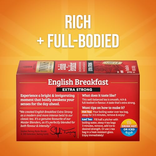Twinings English Breakfast Extra Strong Black Tea - 20 Individually Wrapped Bags, Robust & Caffeinated