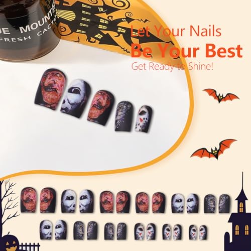 Halloween Press on Nails Black Glossy Short Square Fake Nails 24 Pcs