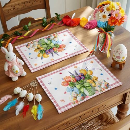 TINALIN Easter Placemats Set of 6 Spring Floral Tulips Cotton Linen