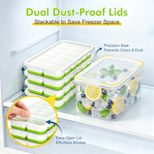 Green Ice Cube Tray with Lid & Bin - 4 Pack, Small, Stackable Freezer Mold