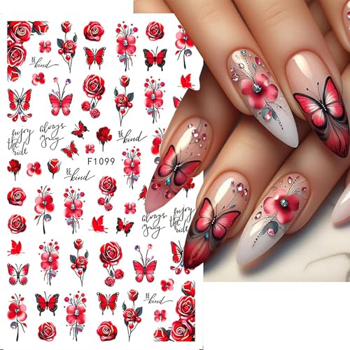 CHANGAR Flower Nail Art Stickers - 8 Sheets Colorful Floral Butterfly Decals