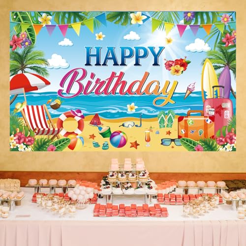 Happy Birthday Tropical Beach Backdrop - Hawaiian Luau Party Banner, 71 x 43 Inch