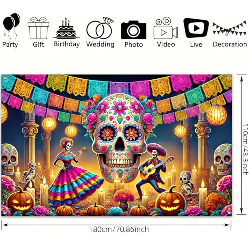 BlissYard Day of the Dead Banner 71x43 Inch Sugar Skull Backdrop