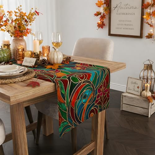 OHOME Fall Flower Stained Glass Table Runner - 73x13.8in Autumn Decor