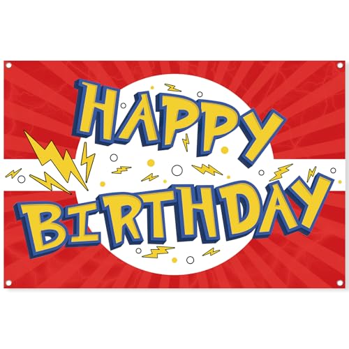 Cartoon Birthday Backdrop 5x3ft - Red, White & Yellow Party Banner