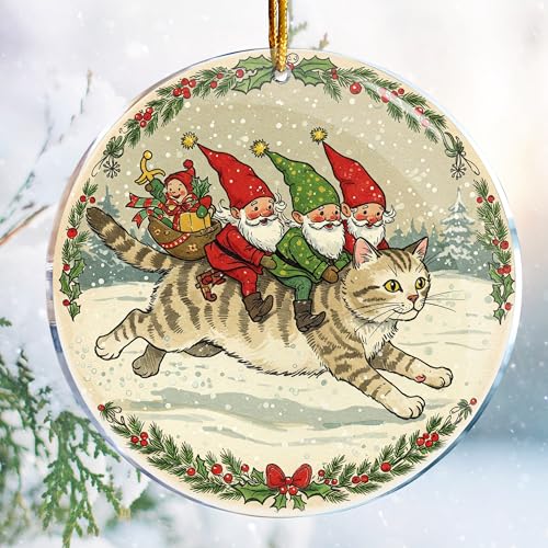 Funny Gnome Riding Cat Christmas Ornament 3.6 in Acrylic Holiday Decor