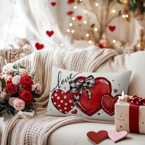 Valentine's Day Red Heart Pillow Cover 12x20 Inch Farmhouse Decor