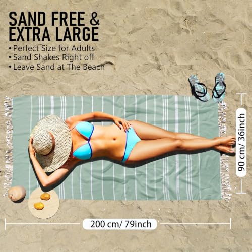 Amudeshi Turkish Beach Towel, Extra Large 36x79 Inch, Quick Dry Grass Green