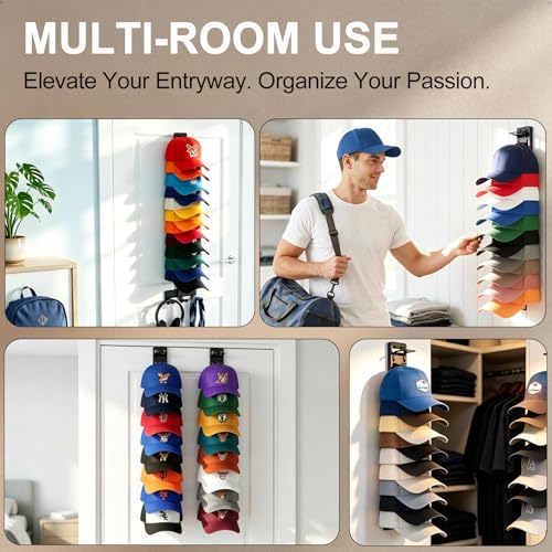Hat Organizer for Baseball Caps - Black 2 Pack, Wall-Mounted Storage