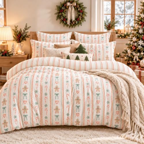 Christmas Duvet Cover Set Queen with Gingerbread Bows and Candy Cane Pattern - No Comforter