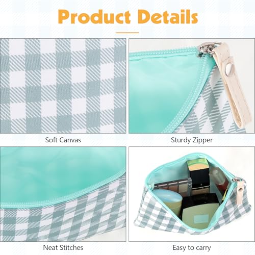 2 Pack Gingham Makeup Bags Small Zipper Cosmetic Pouches Green Brown