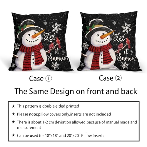 Christmas Black Pillow Covers 18x18 Inch Snowman Snowflake Set of 2 - Holiday Home Decor