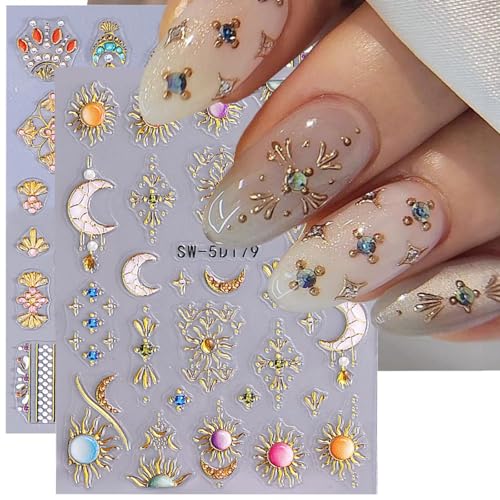 Bohemian Gold Star & Moon 5D Embossed Nail Stickers - 2 Sheets