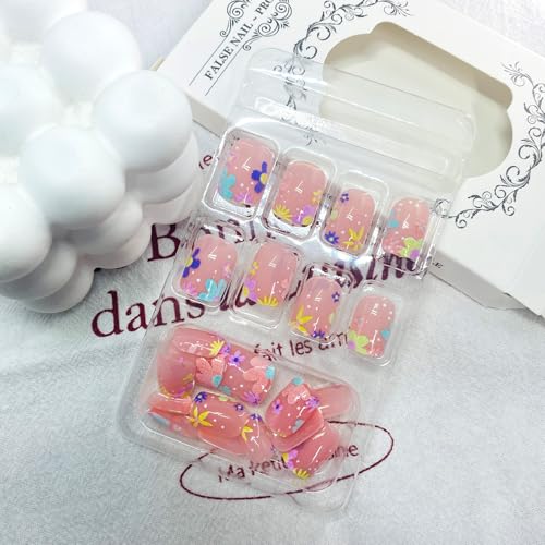 Short Square Press on Nails Floral French Tip Reusable Acrylic Fake Nails