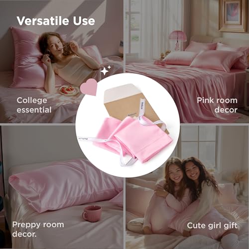 Bedsure Satin Pillowcase 6 Pack - Pink Standard Size 20x26 Inches, Envelop Closure, Silk-Like Bedding for Hair & Skin