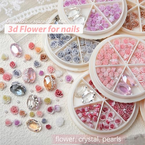 Pink 3D Resin Rose Camellia Nail Art Charms with Pearls and Rhinestones