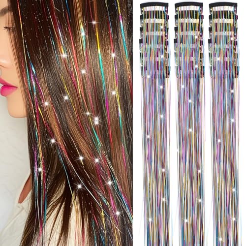 Nielp 18 Pcs Clip-In Hair Tinsel Extensions 20.5 Inch Rainbow Glitter Fairy Hair