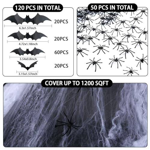Halloween Decor Set - 1200 sqft Spider Webs with 120 Bats & 50 Spiders